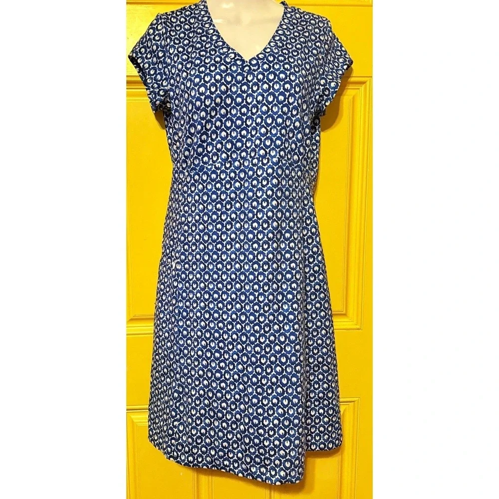 L. L. Bean Blue Geometric Shift Dress Hamptons Coastal Cotton Blend Size Small